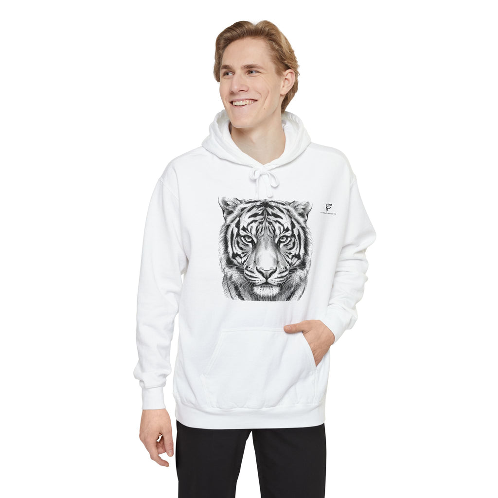 Tiger Portrait Hoodie — Detailed Black Ink Animal Graphic