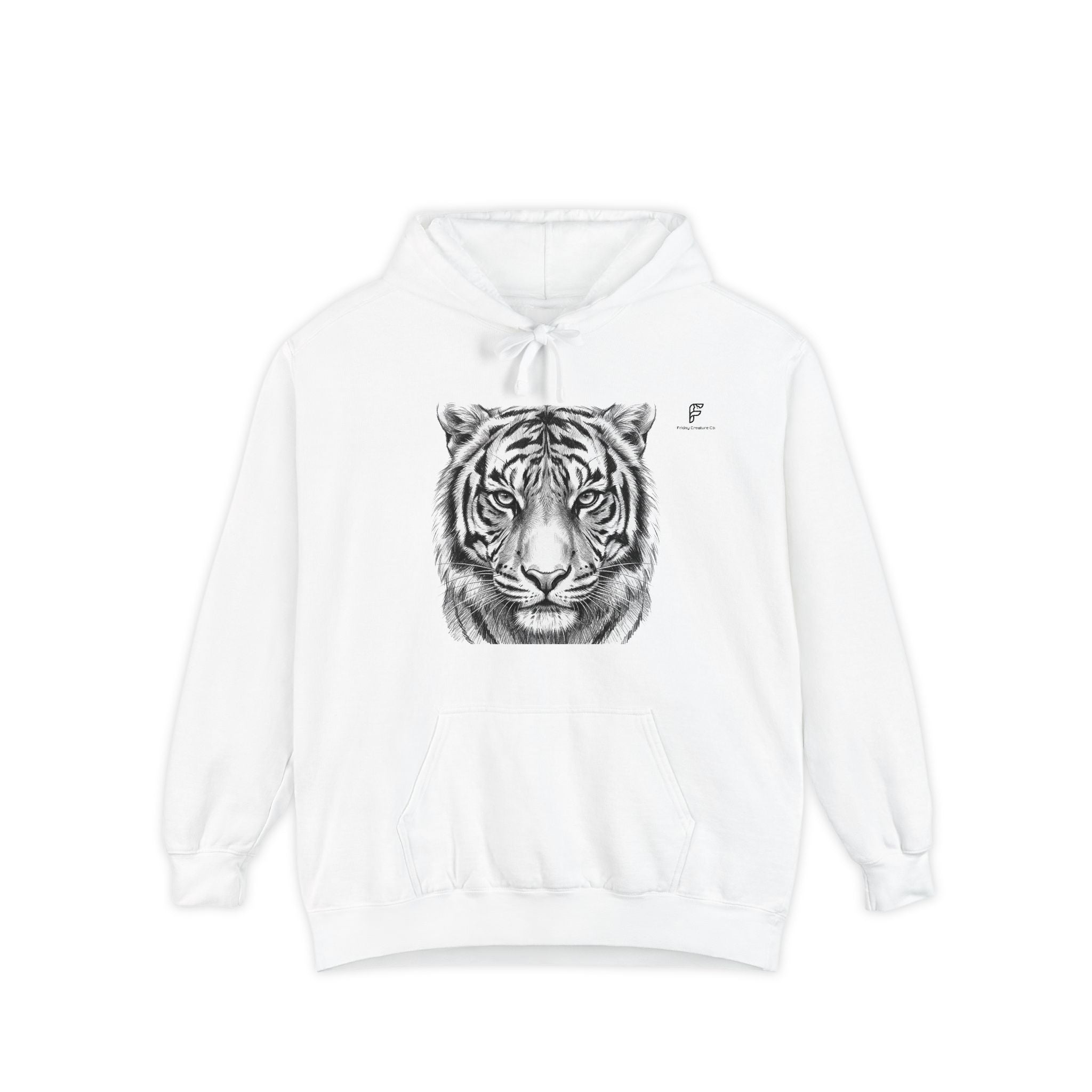 Tiger Portrait Hoodie — Detailed Black Ink Animal Graphic