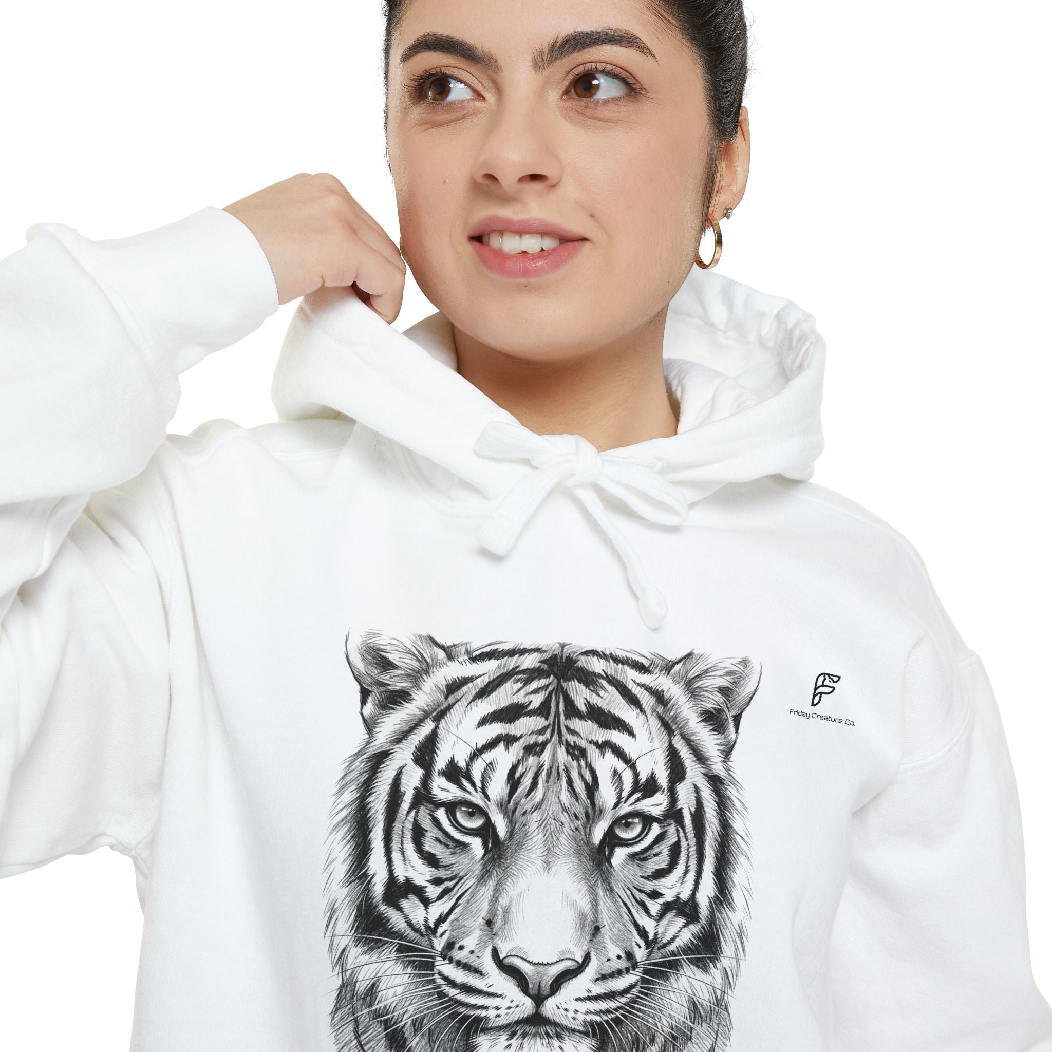 Tiger Portrait Hoodie — Detailed Black Ink Animal Graphic