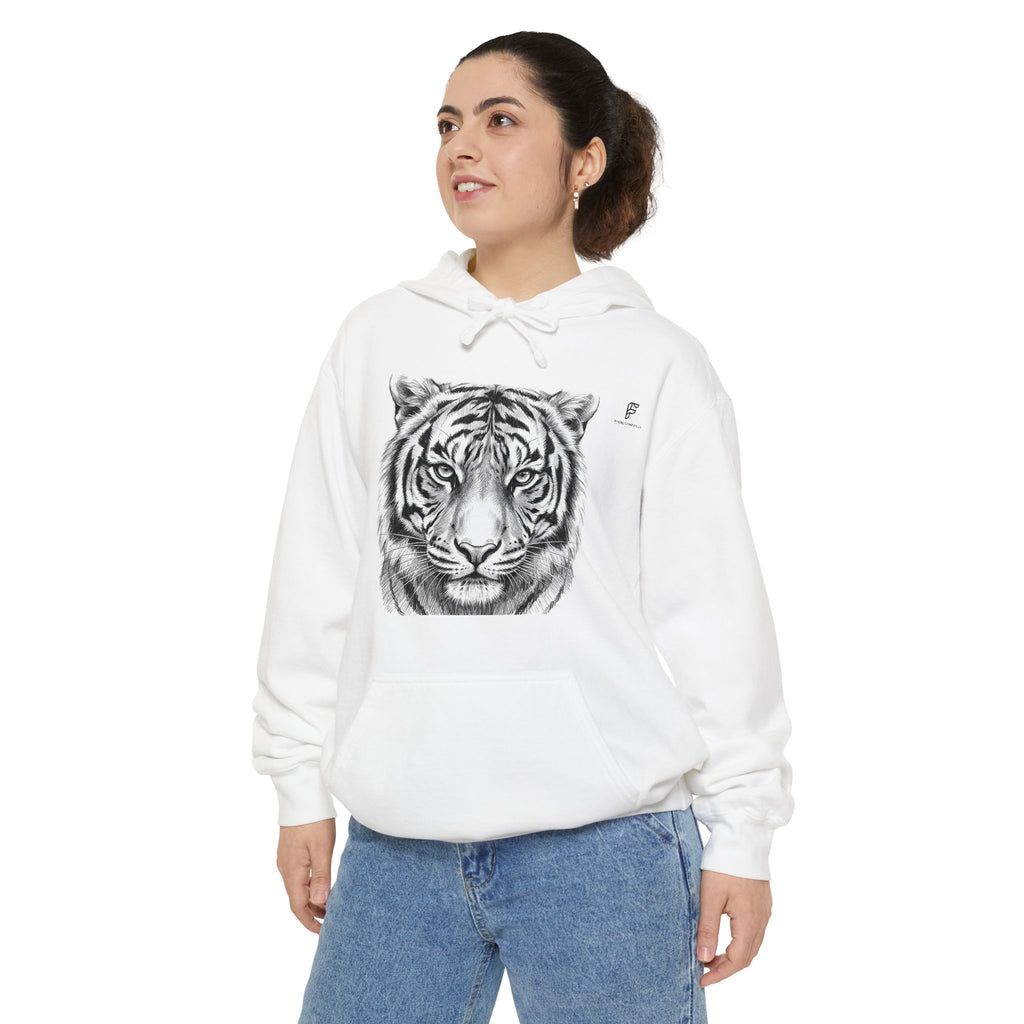 Tiger Portrait Hoodie — Detailed Black Ink Animal Graphic